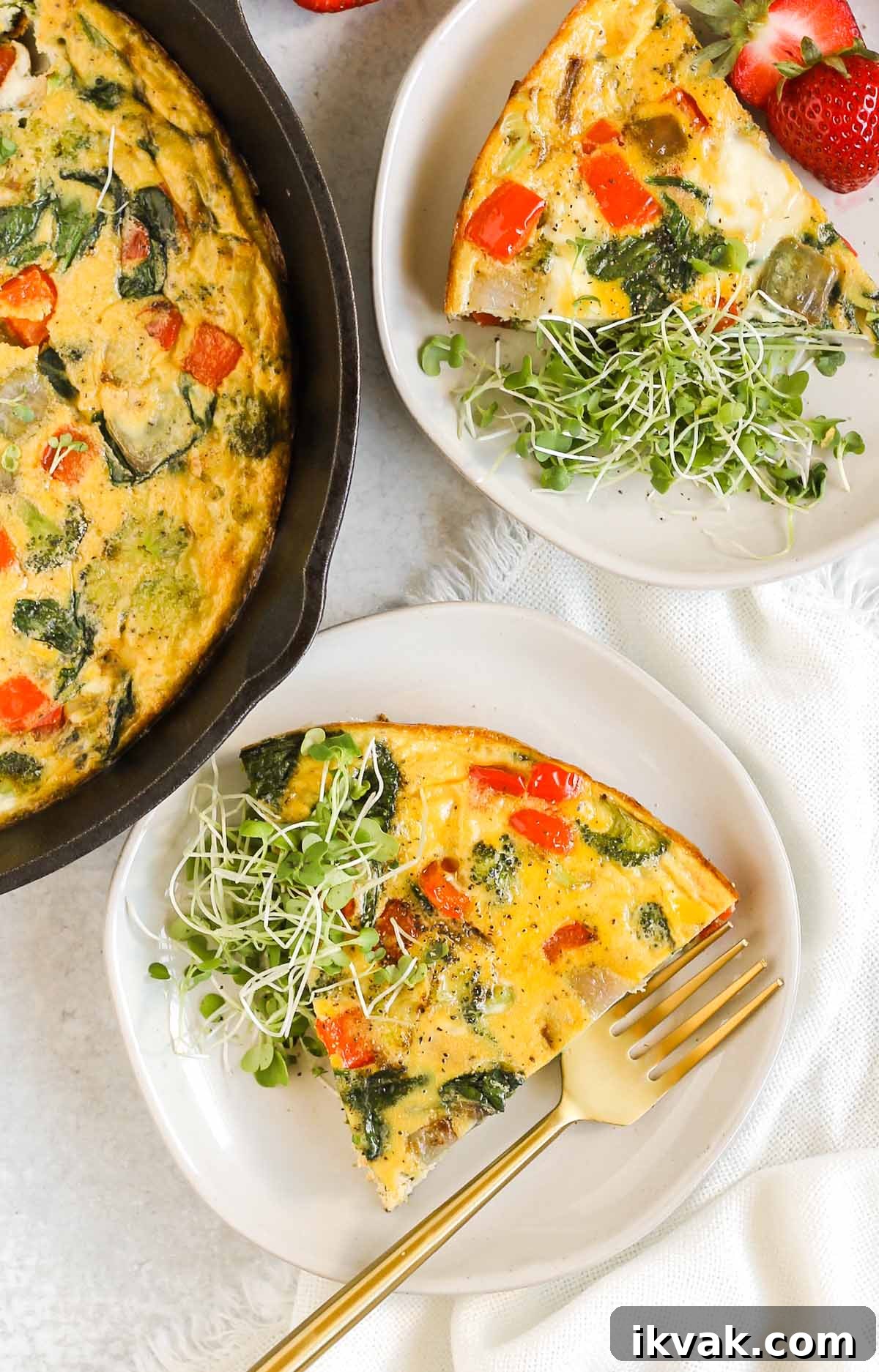 Dairy-Free Vegetable Frittata Gluten-Free Breakfast Recipe 2 Two white plates each with a piece of dairy-free frittata.