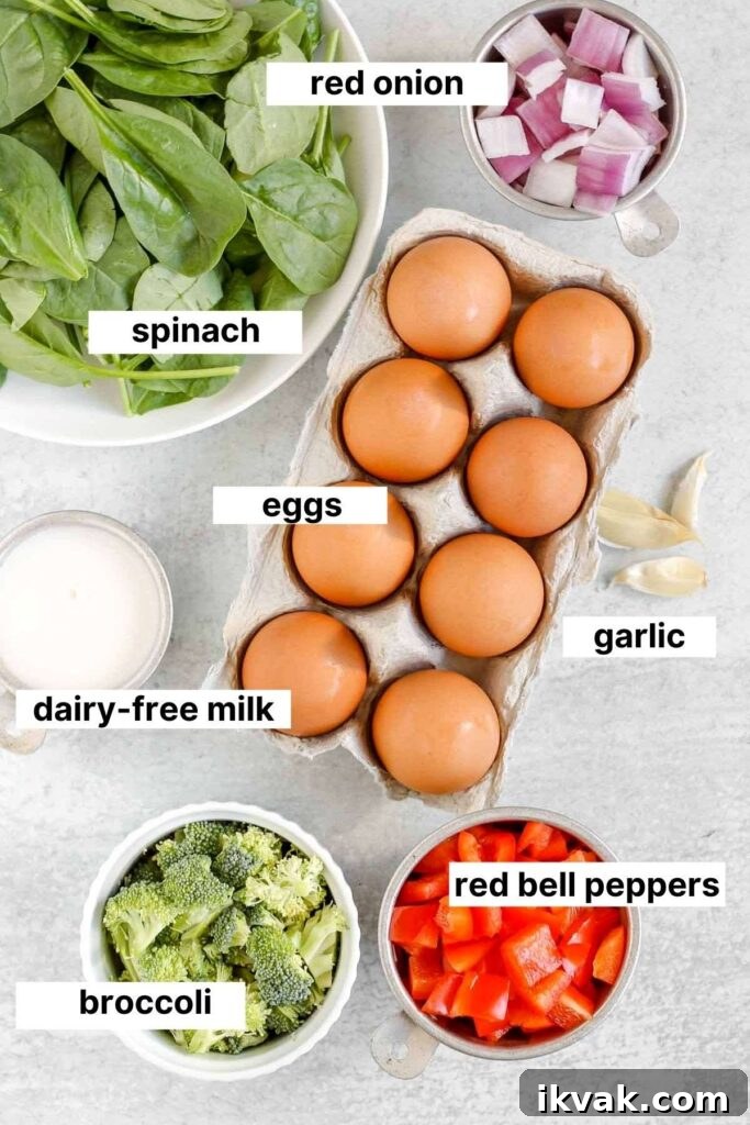 Dairy-Free Vegetable Frittata Gluten-Free Breakfast Recipe 3 Labeled ingredients used in dairy-free frittata.
