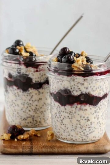 two mason jars filled with overnight oats with chia seeds and blueberries