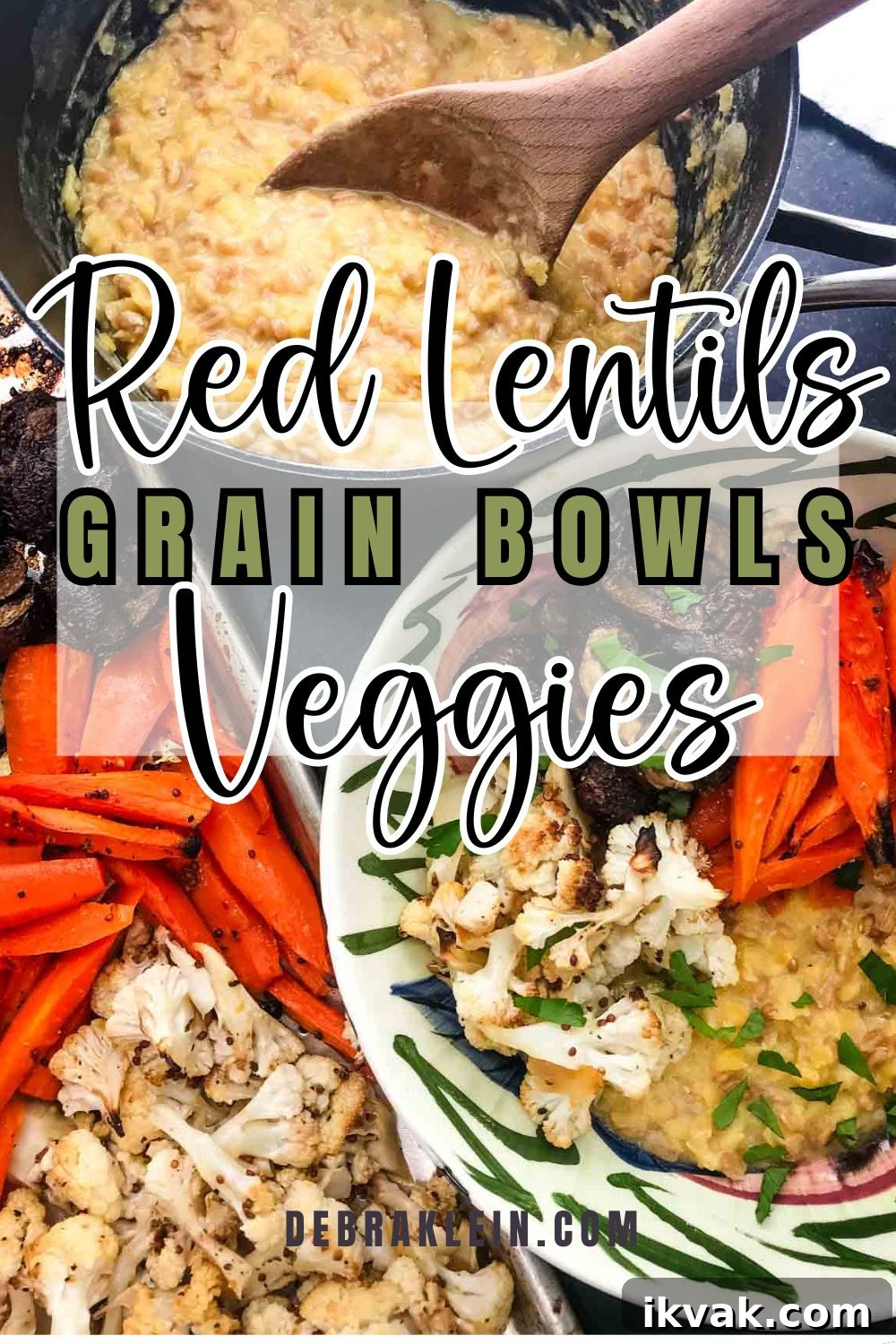 Roasted veggies and a pot of faro and lentils made with mustard for a creamy yellow color.