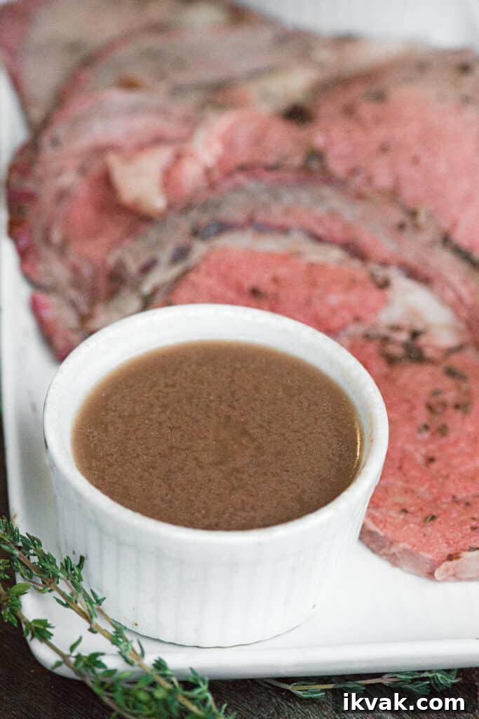 Classic Au Jus Recipe for Tender Roast Beef and Dipping Sauce 2 beef au jus with sliced prime rib roast