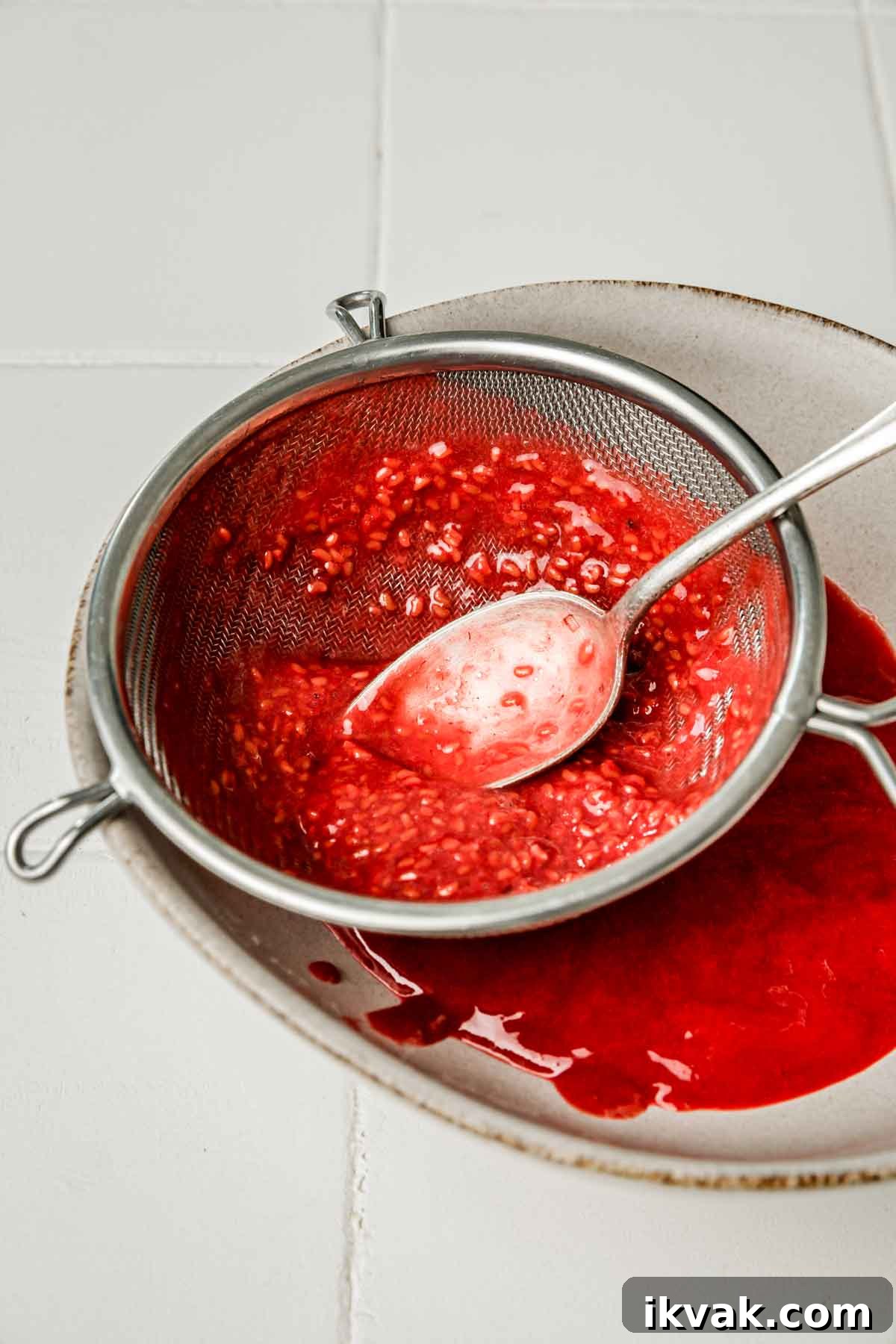 passoire avec de la purée de framboises et des graines