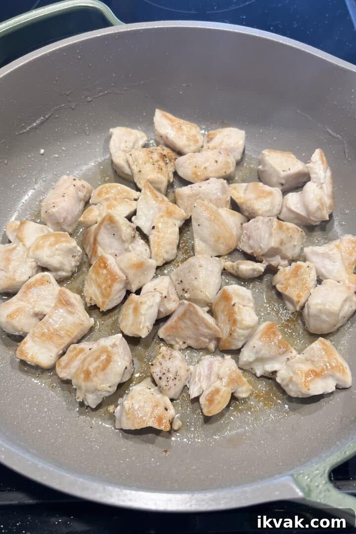 Cubed and cooked chicken in a large saucepan with salt and pepper