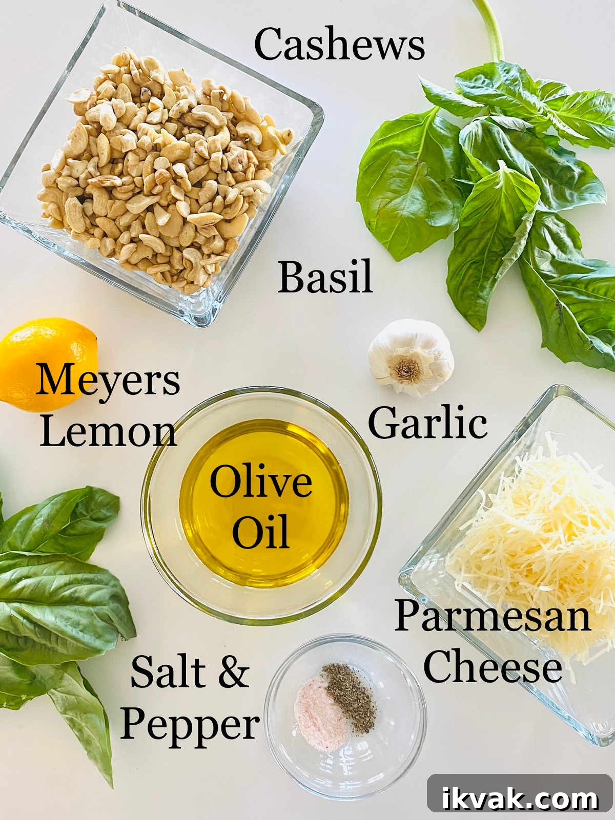labeled photo of ingredients to make pesto with cashews