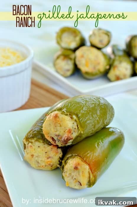 Bacon Ranch Grilled Jalapenos | Inside BruCrew Life - cream cheese mixed with cheddar cheese, ranch, and bacon inside a grilled jalapeno