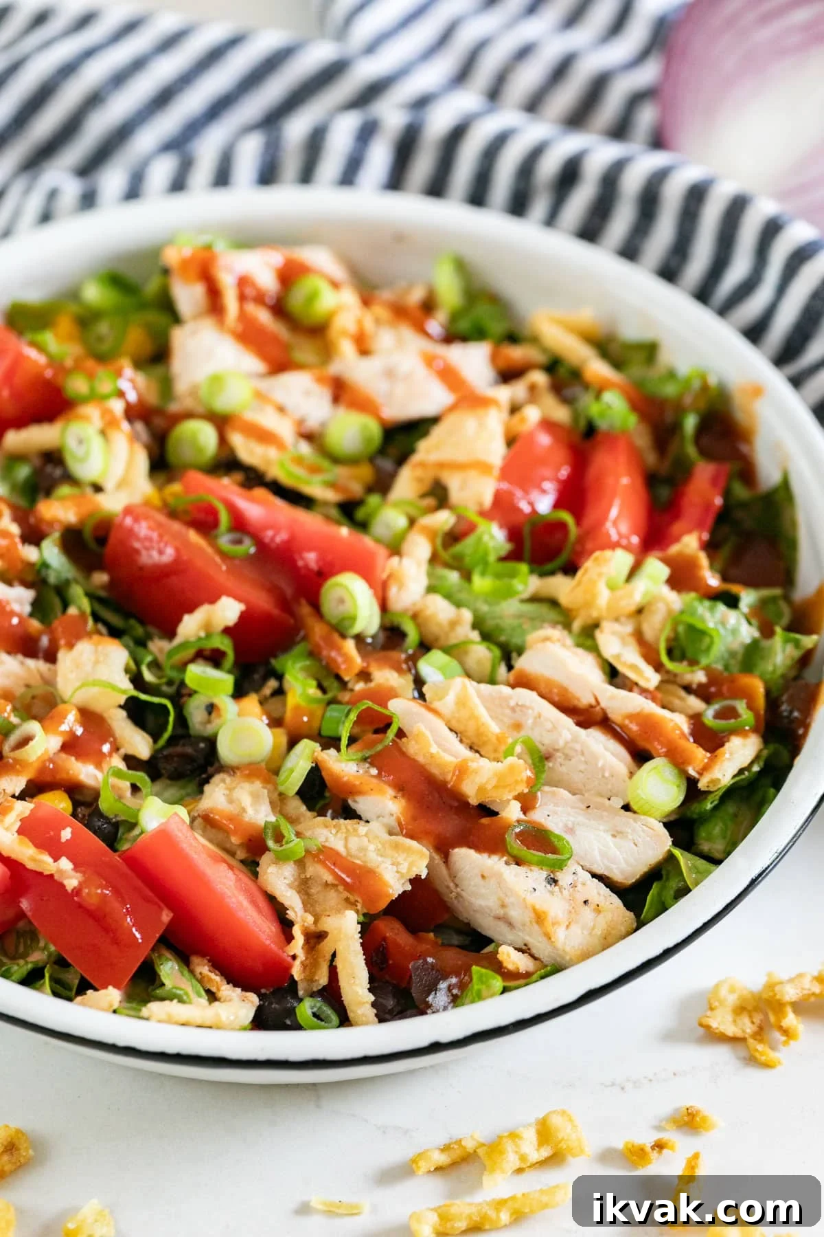 A close up image of the side of the this BBQ chicken salad from Panera.