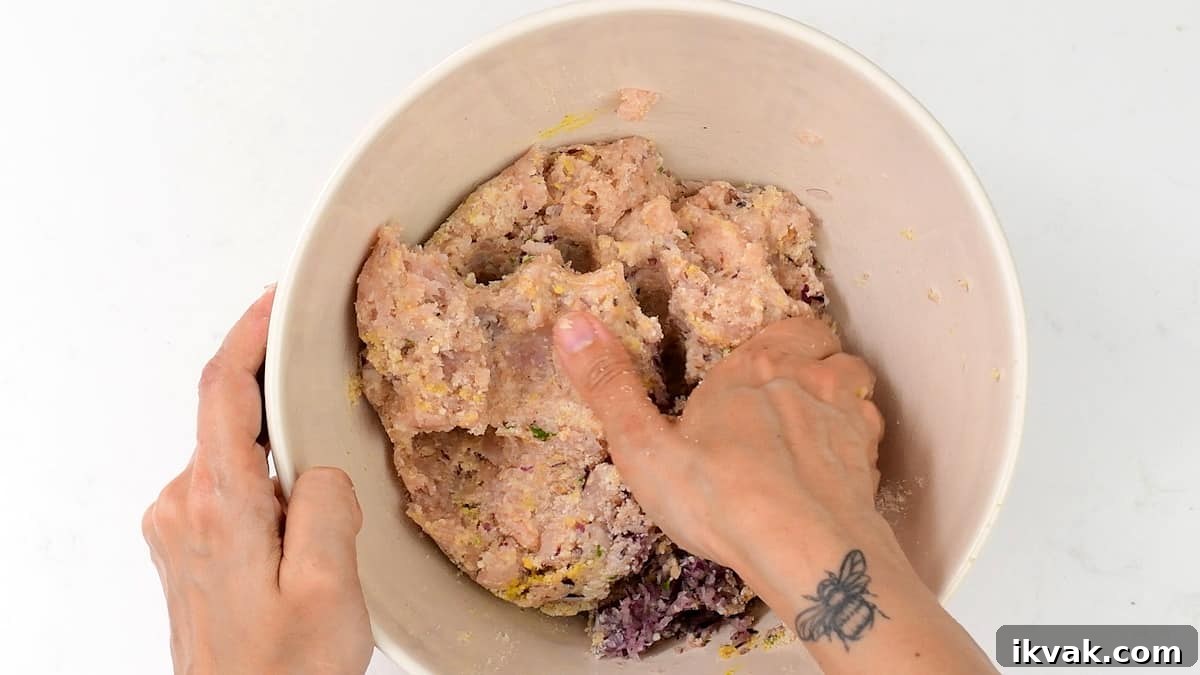 mixing ground turkey, breadcrumbs, minced onion, egg in a mixing bowl