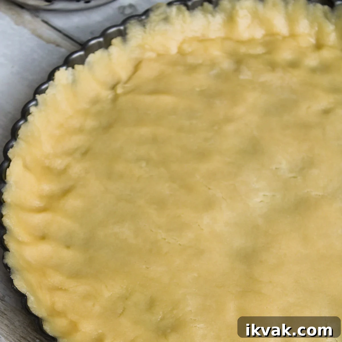 Blackberry tart dough pressed in the tart pan to form a crust.