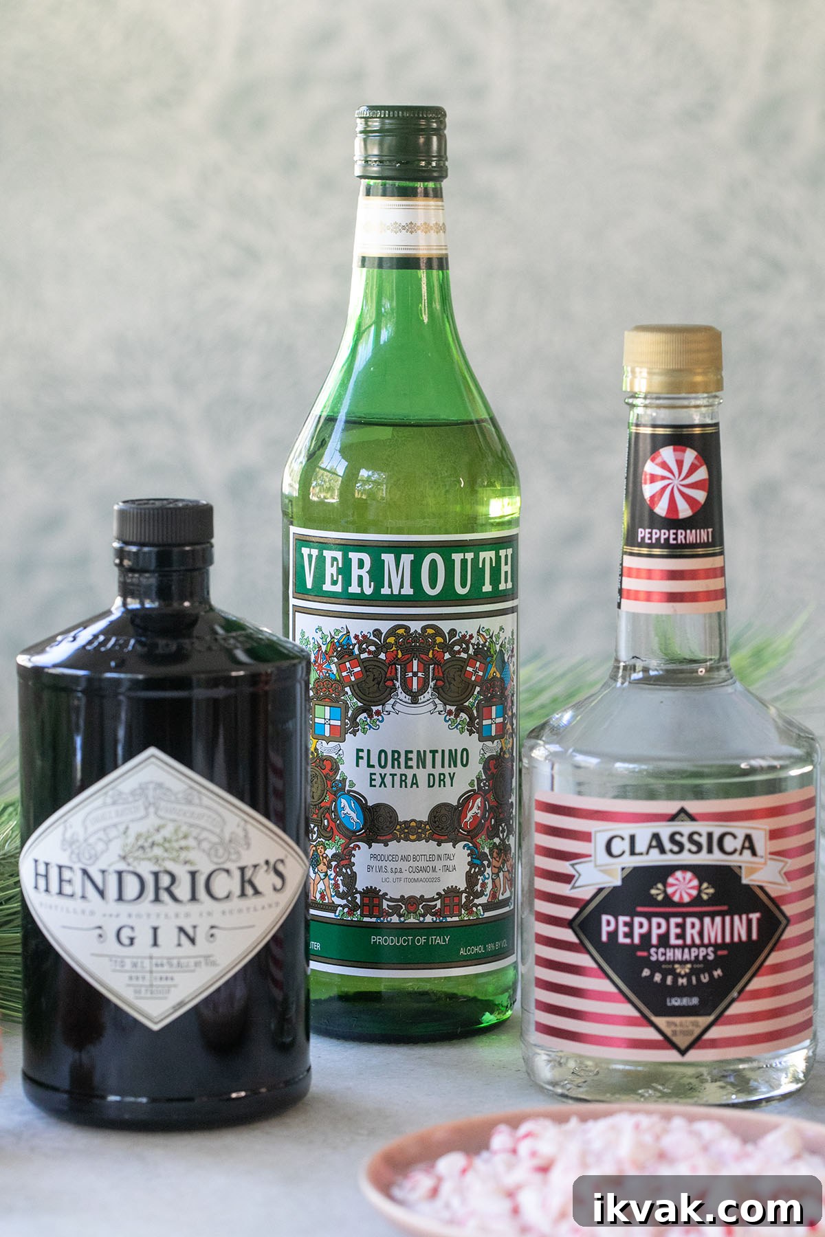 bottle of gin, vermouth and peppermint schnapps.