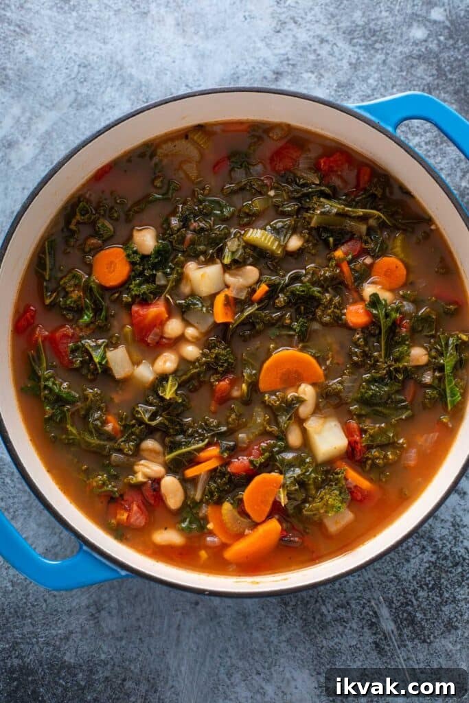A Dutch oven with vegetables and bean soup with cooked kale in a creamy tomato based broth.