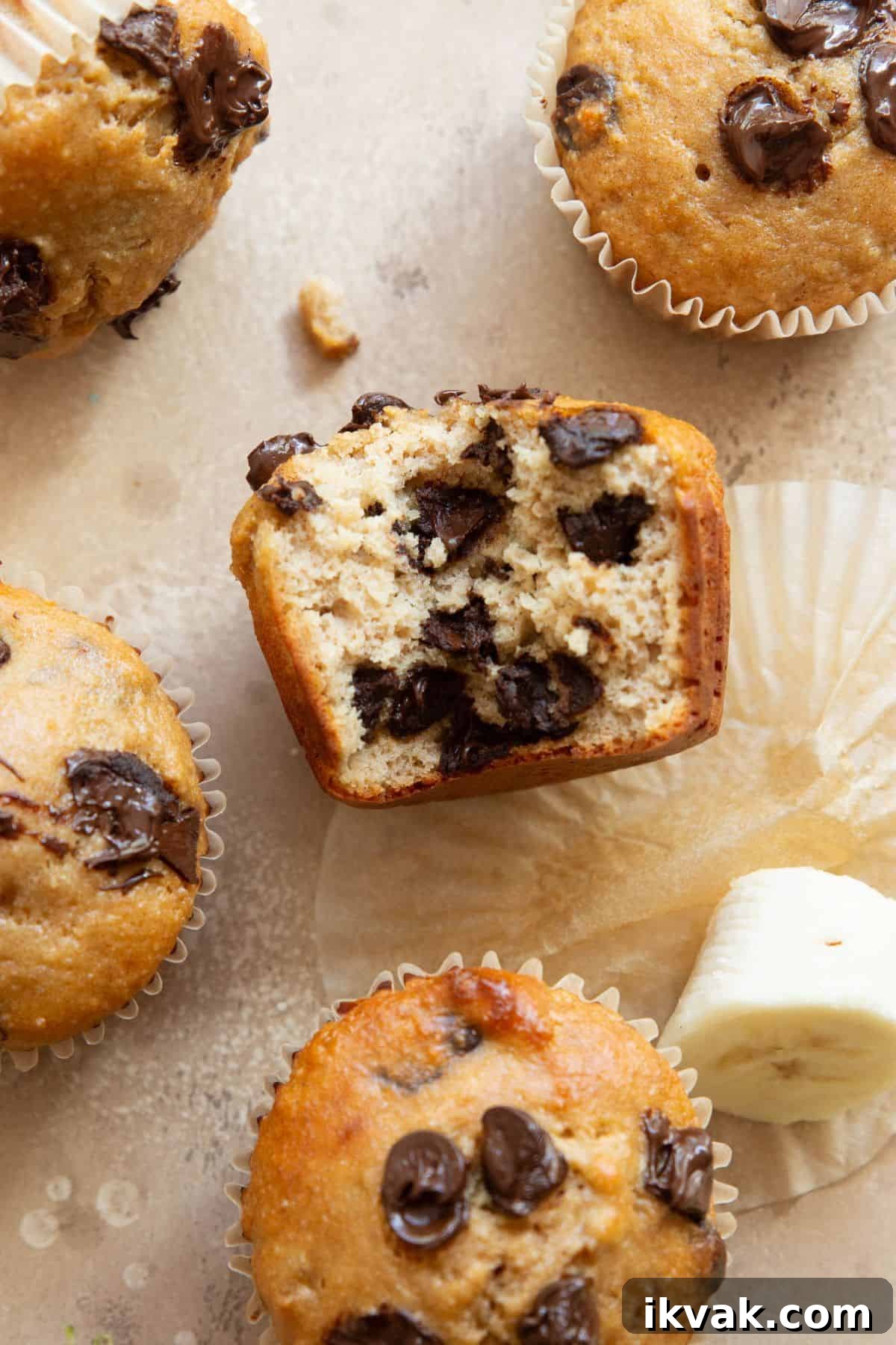 High-Protein Banana Muffins for Breakfast and Snacks 2 Healthy chocolate chip banana protein muffins with bite taken out to show the fluffy, moist interior.