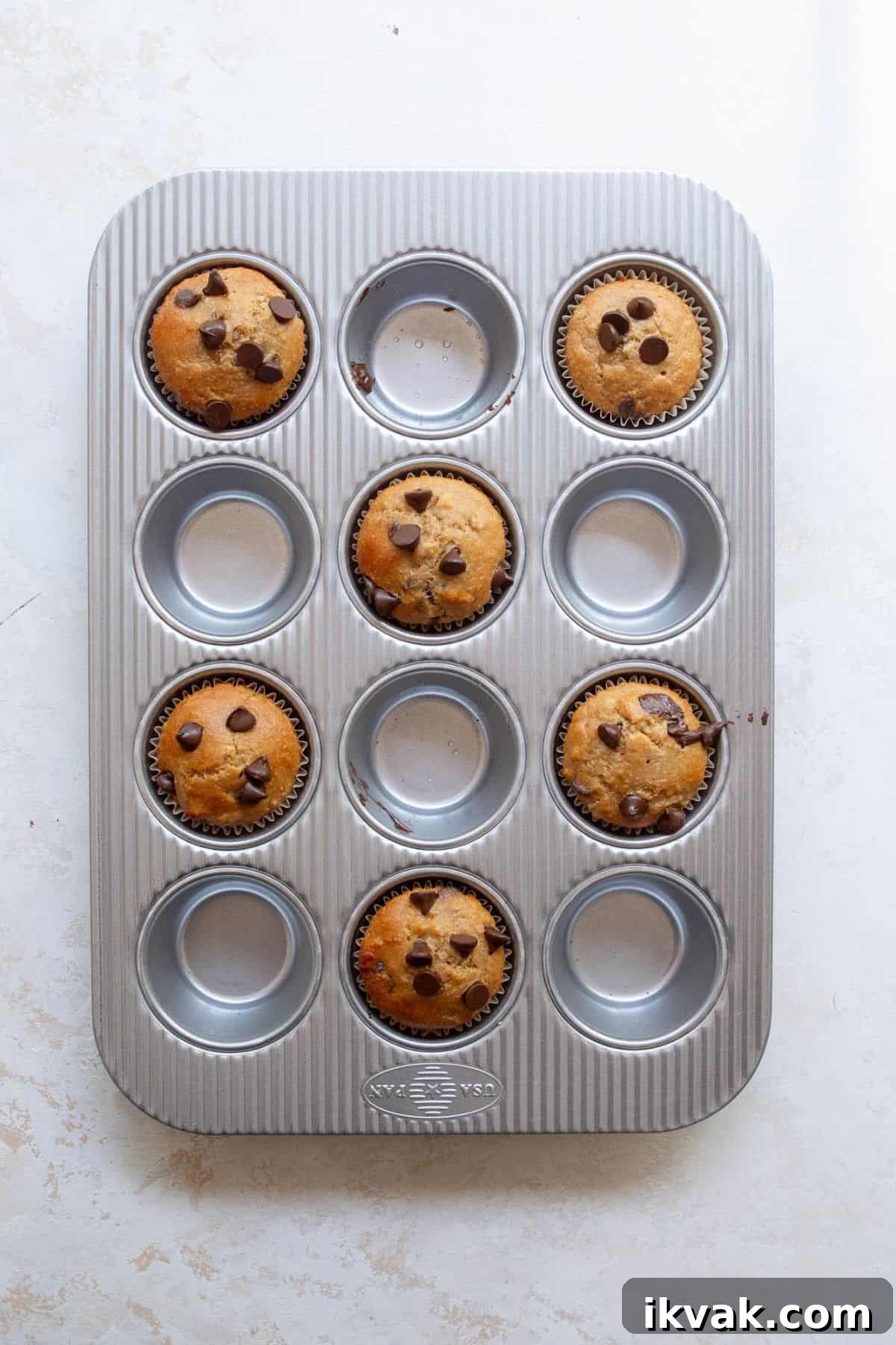 High-Protein Banana Muffins for Breakfast and Snacks 9 Freshly baked banana protein muffins in a muffin tin with golden brown tops and melty chocolate chips.