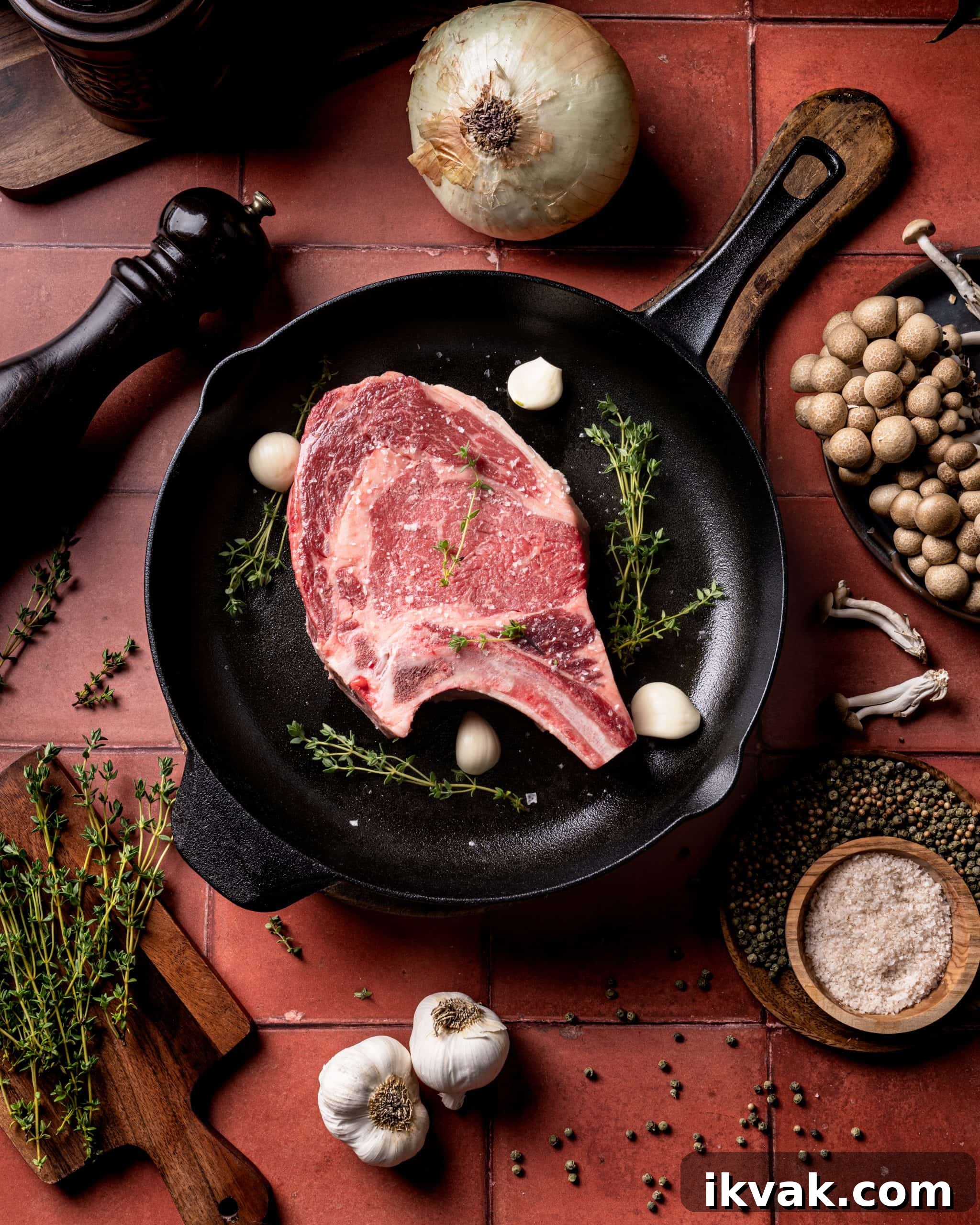 Precooked bone-in ribeye in cast iron skillet with ingredients