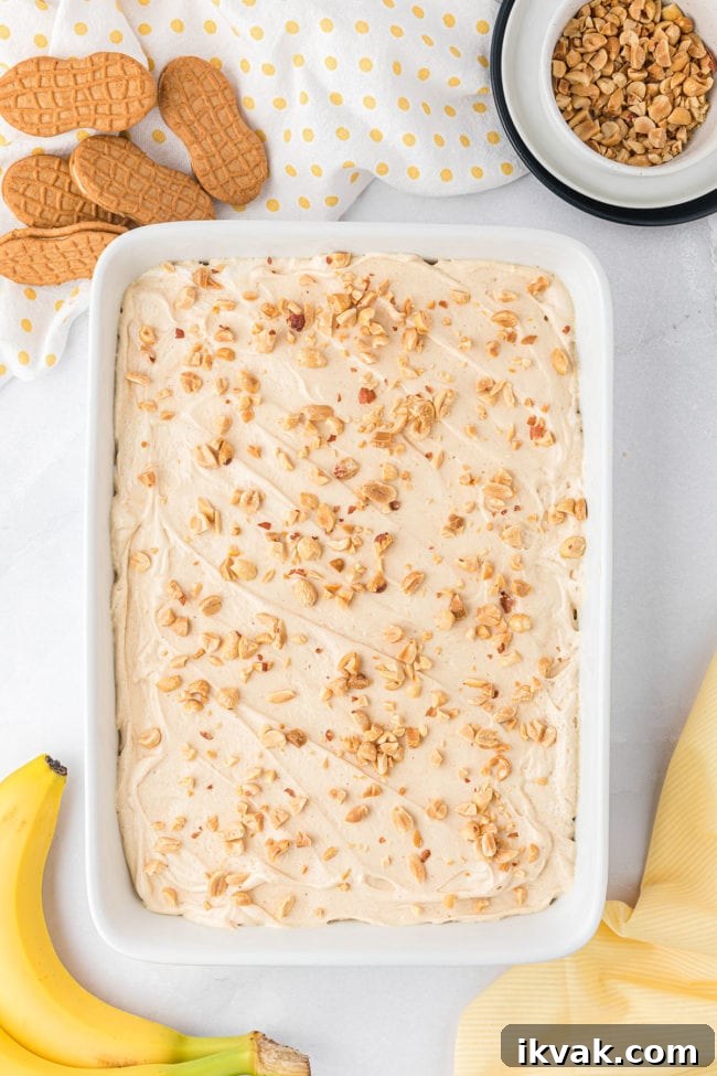 icebox cake with peanuts on top in a white dish