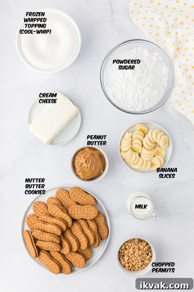 ingredients for peanut butter and banana icebox cake on a counter
