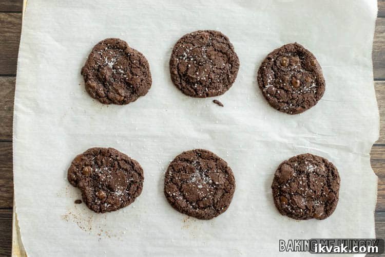 chocolate cookies on the tray and out of the oven