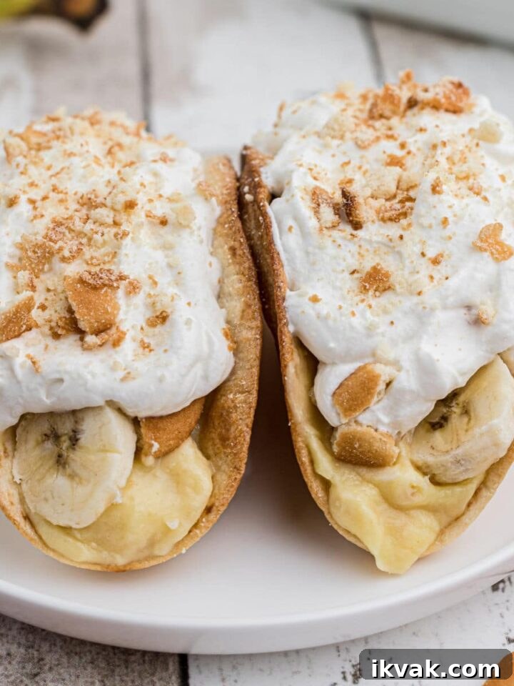 two tacos stuffed with banana pudding