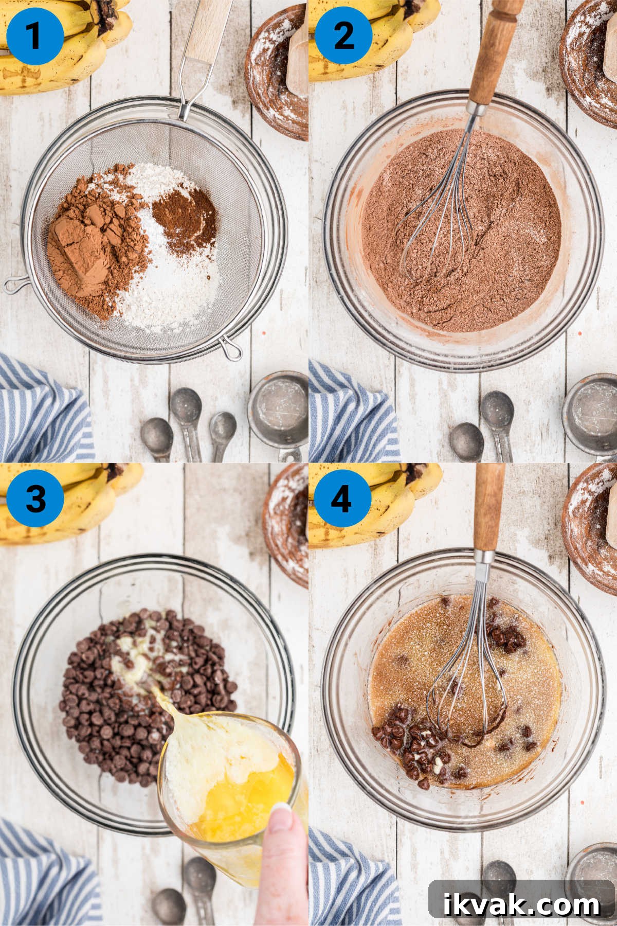 four images showing process steps on how to make banana brownies, this is steps 1-4