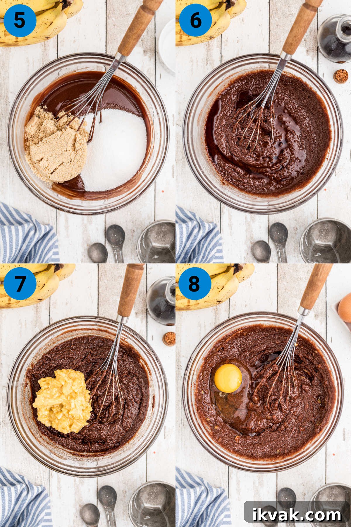 four images showing the steps needed to make banana brownies, this is steps 5-8