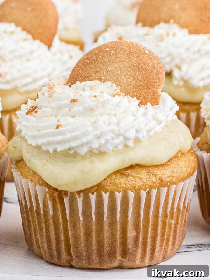 a close up of a banana pudding cupcake
