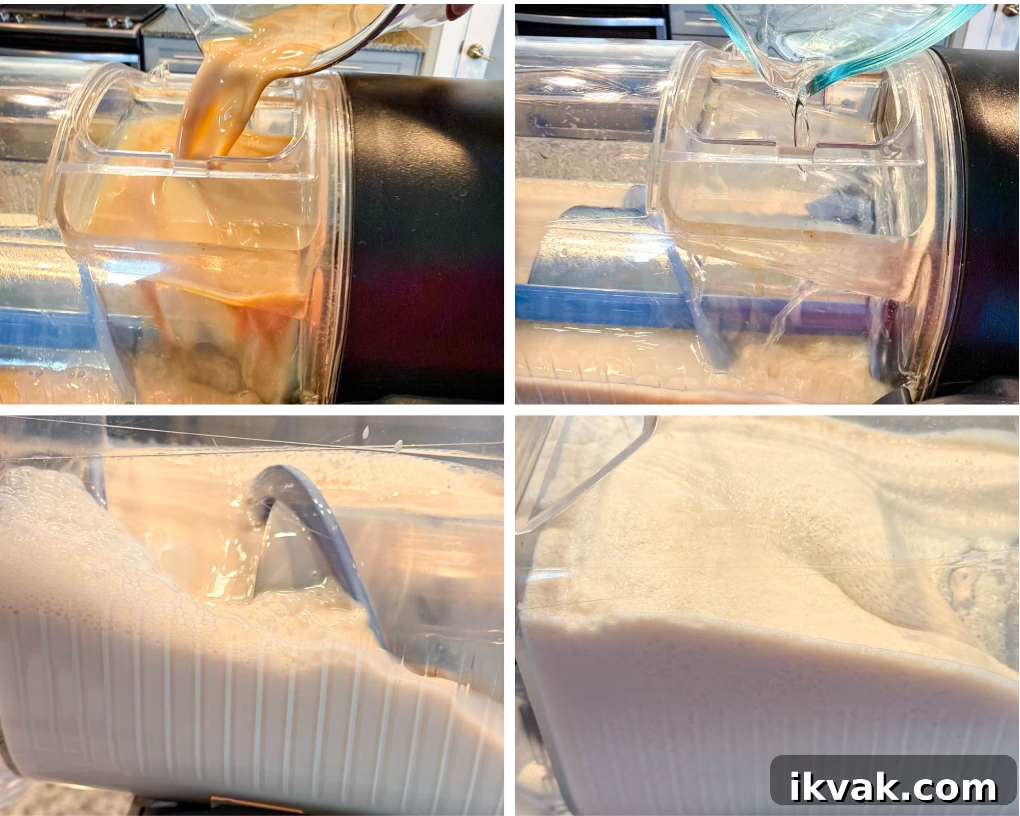 Ninja Slushy Mudslide Recipe: Frozen Coffee Cocktail Guide 6 Collage showing the Ninja Creami process of making a mudslide. The first two photos show liquid ingredients being poured into the container, while the bottom images show the creamy blended mixture spinning into a smooth, frothy texture.