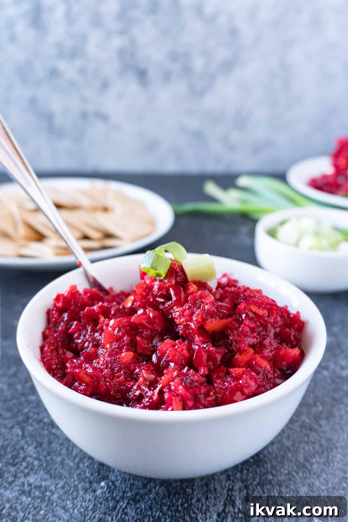 Zesty Cranberry Relish Recipe for Holiday Tables 2 cranberry relish in bowl with green onion on top