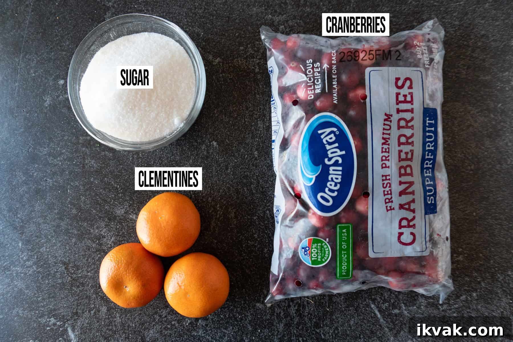 Zesty Cranberry Relish Recipe for Holiday Tables 3 Cranberries Relish Ingredients laid out and labeled.