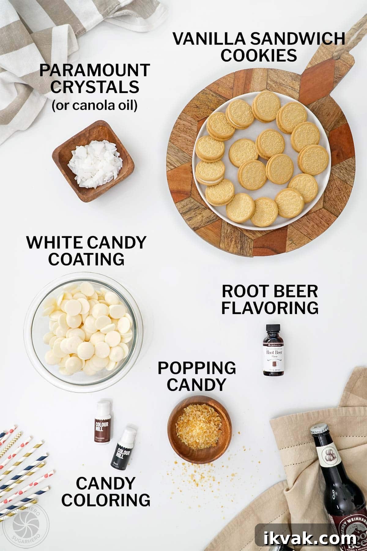 Overhead shot of ingredients needed to make Root Beer Float Pieces.