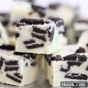 Close-up of 3 pieces of Oreo Fudge.