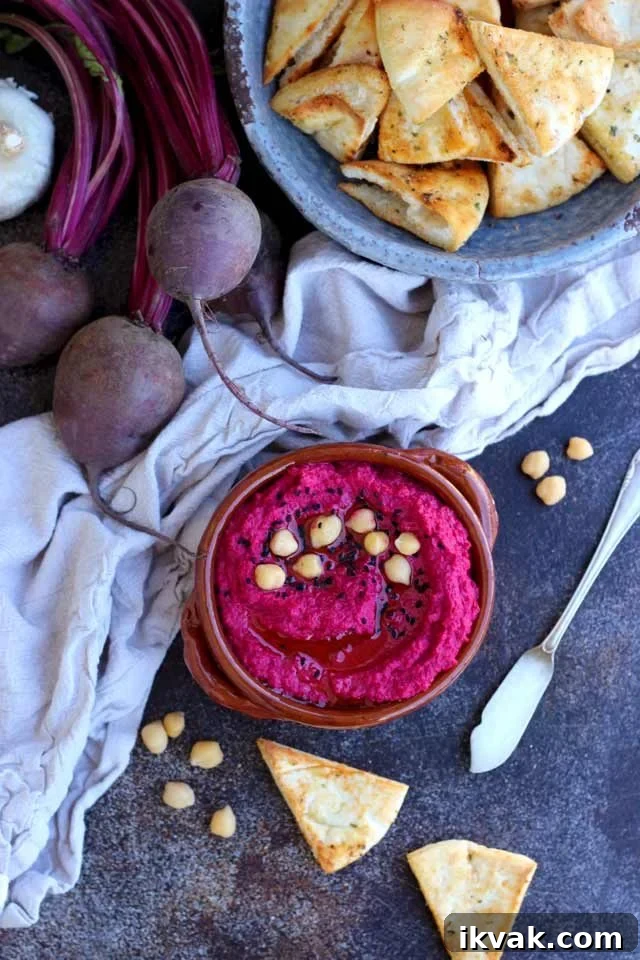Roasted Beet Hummus in a Brown Bowl