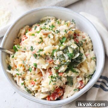 glass bowl with baked chicken orzo pasta topped with parsley.