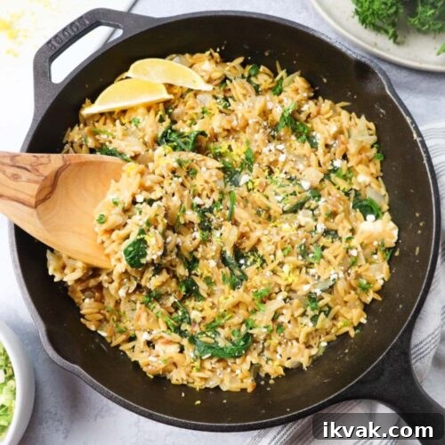 skillet with lemon orzo topped with parsley and feta cheese.
