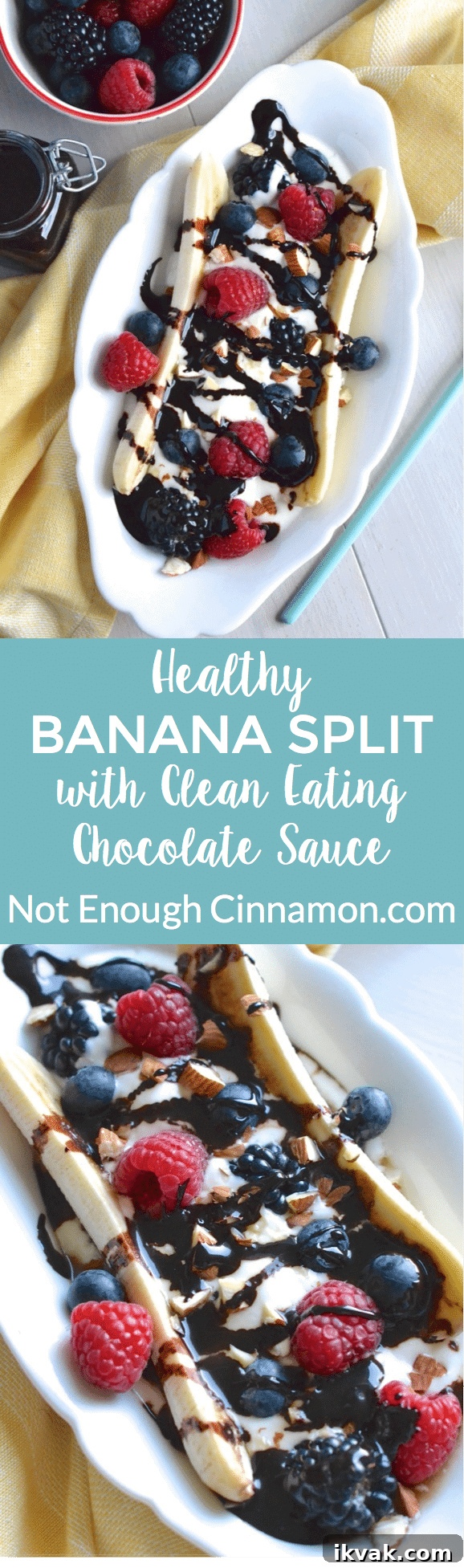 Delicious banana split made healthy but still decadent with a clean eating chocolate sauce! So yummy! Click here to see the recipe on NotEnoughCinnamon.com
