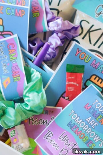 Bin of tuck in treats attached to printable tags.