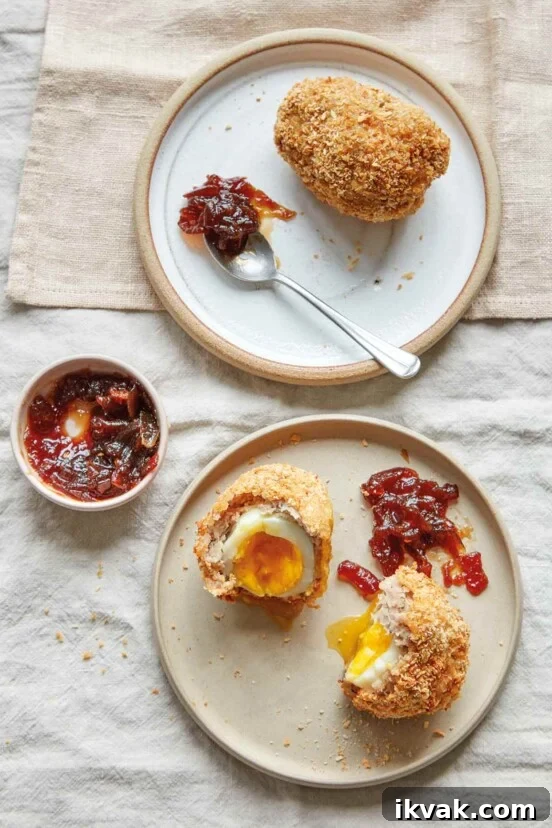 A plate containing a halved air fryer Scotch egg, with a dollop of chutney on the side and in a bowl nearby.