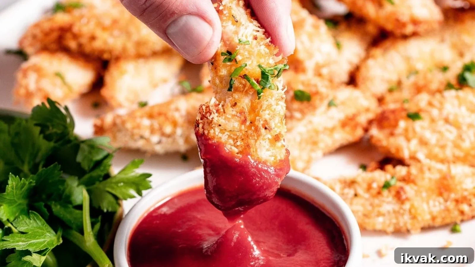Air fryer chicken tenders crunchy and golden arranged beside dipping sauce.