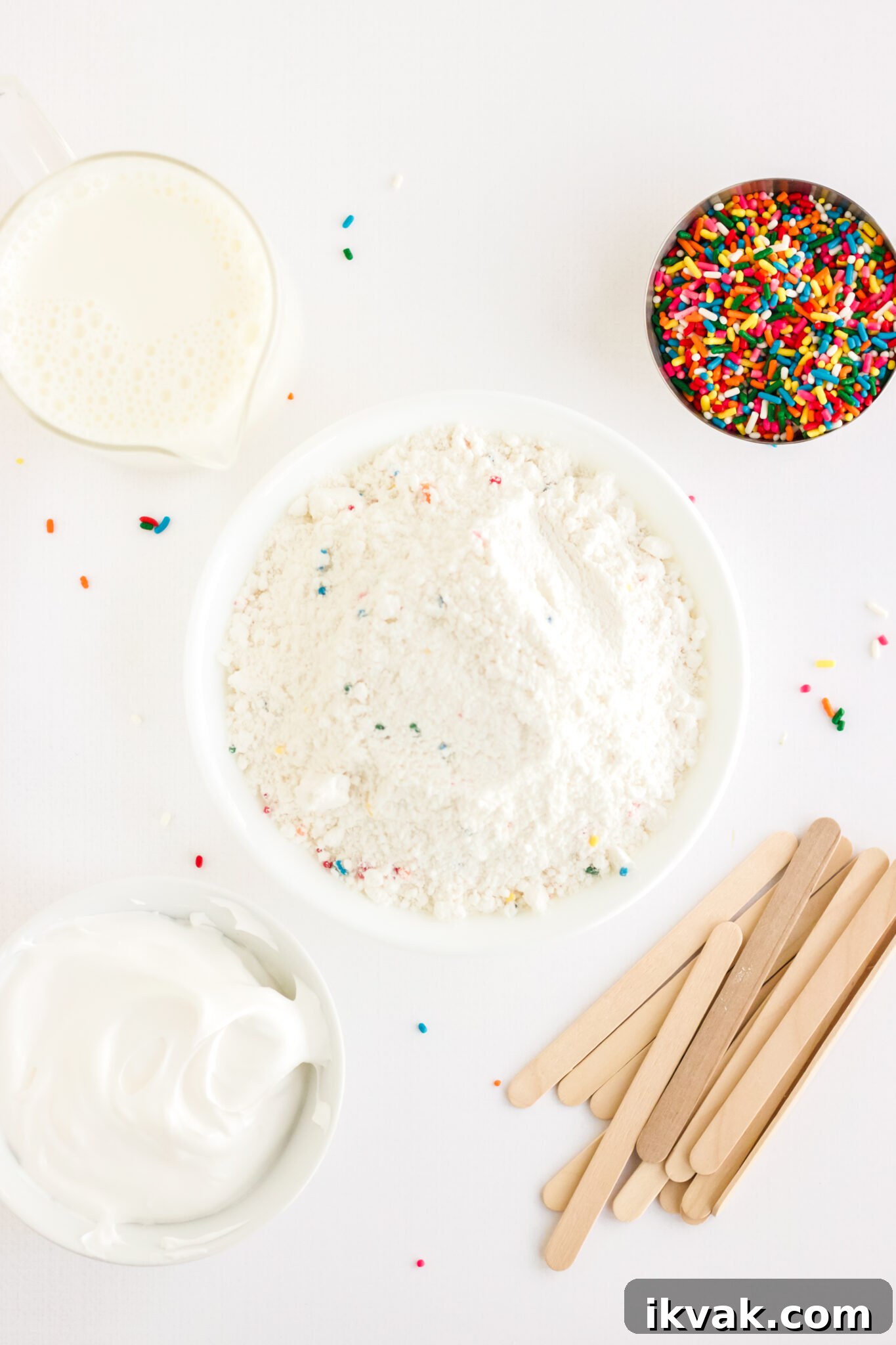 Funfetti Cake Batter Popsicles Recipe: Homemade Party Treat 4 cake batter popsicles ingredients on table
