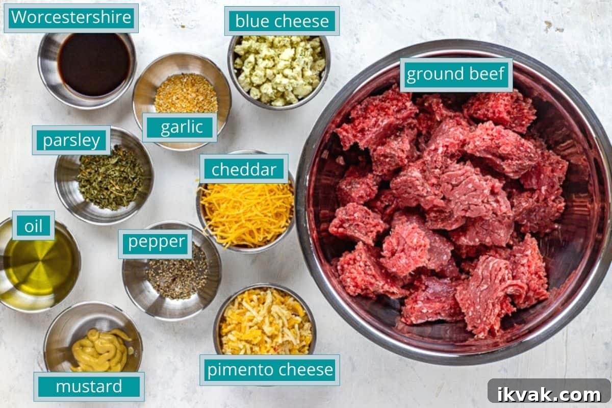 stuffed hamburger ingredients measured out individually on counter