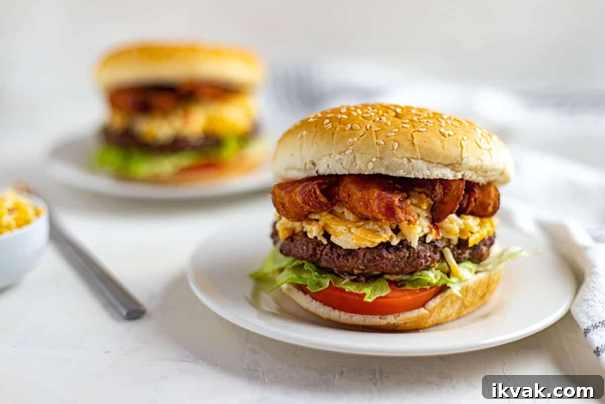 cheesy stuffed burger topped with bacon and pimento cheese and lettuce and tomato on white plate