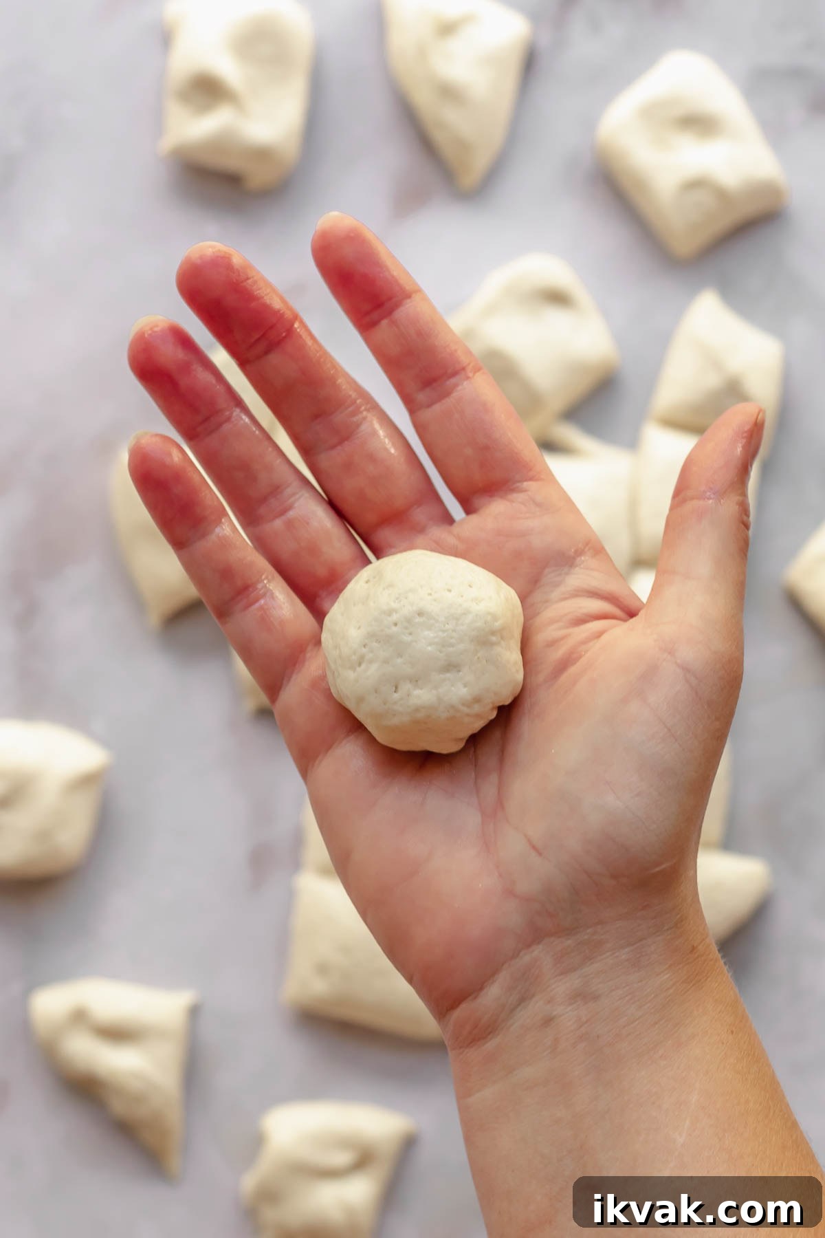 A round ball of pizza dough in the palm of a hand.