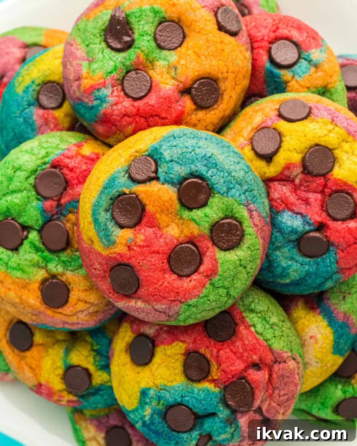 A plate of rainbow chocolate chip cookies.