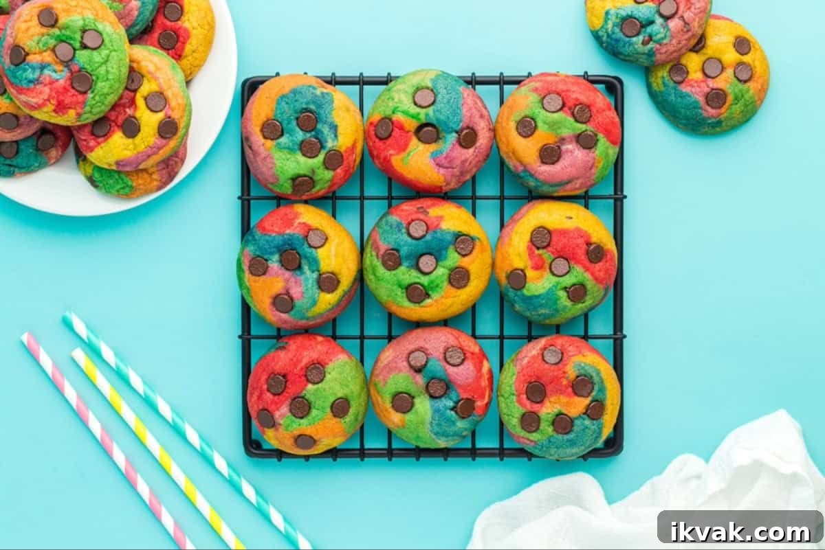 Nine rainbow cookies on a cooling rack.