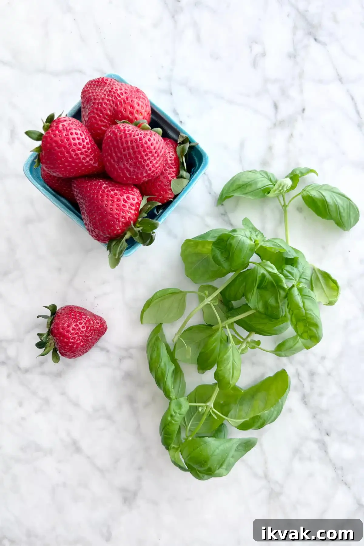 Ingredients to make fruit leather: fresh strawberries and fresh basil leaves.