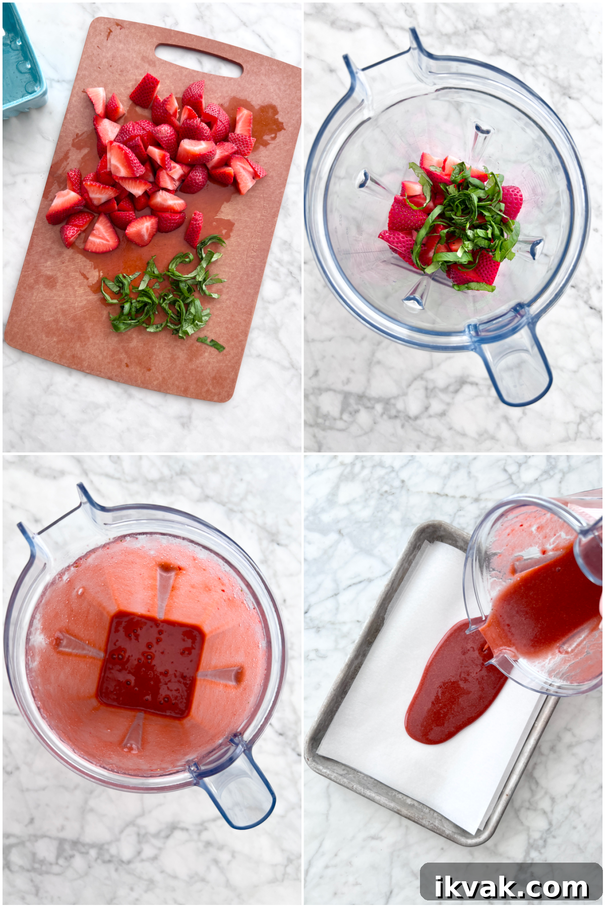 A four image collage showing how to make fruit leather: chop strawberries and basil, blend in blender until smooth, spread evenly on a baking sheet / silicone mat to dehydrate.