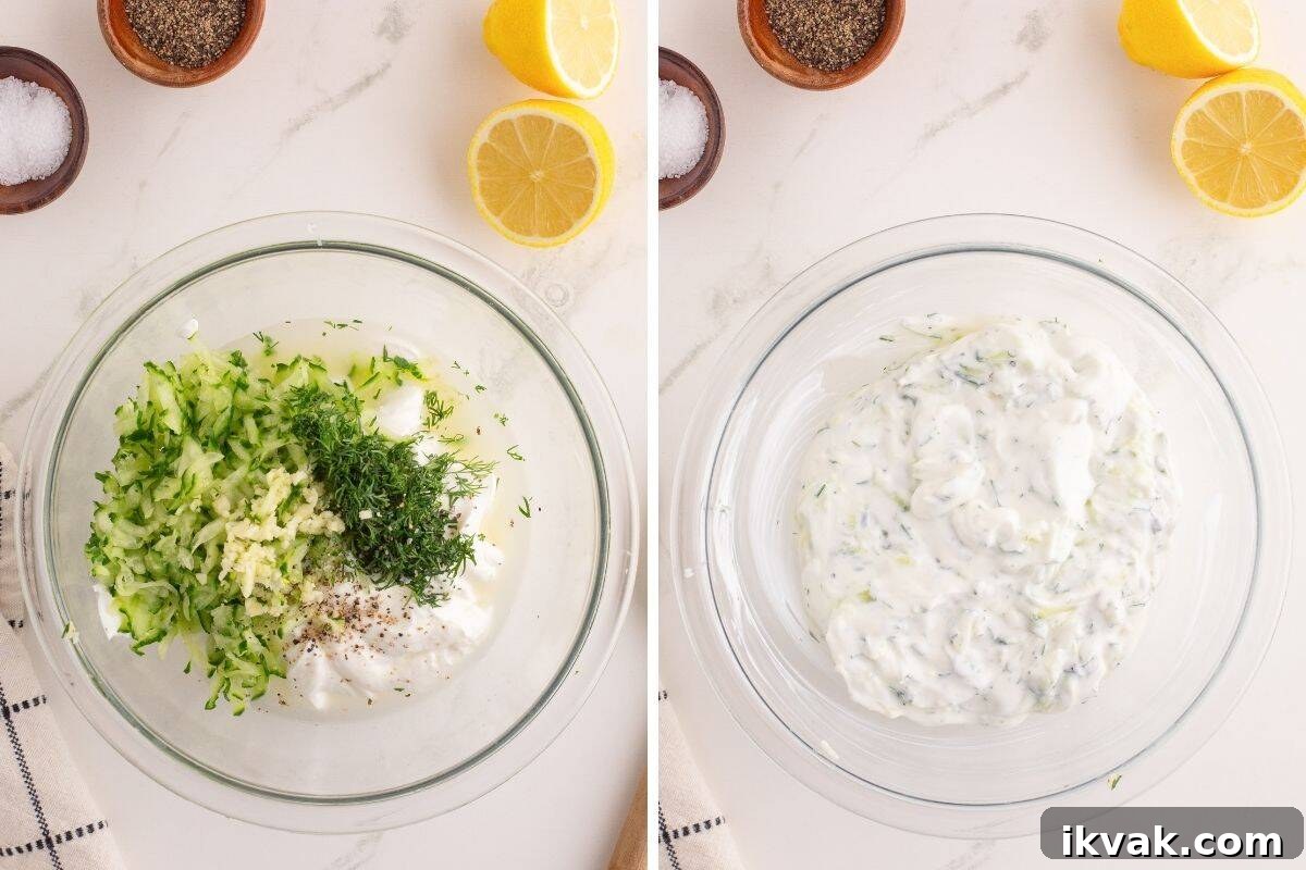 Two ingredient collage showing tzatziki ingredients before and after mixing.