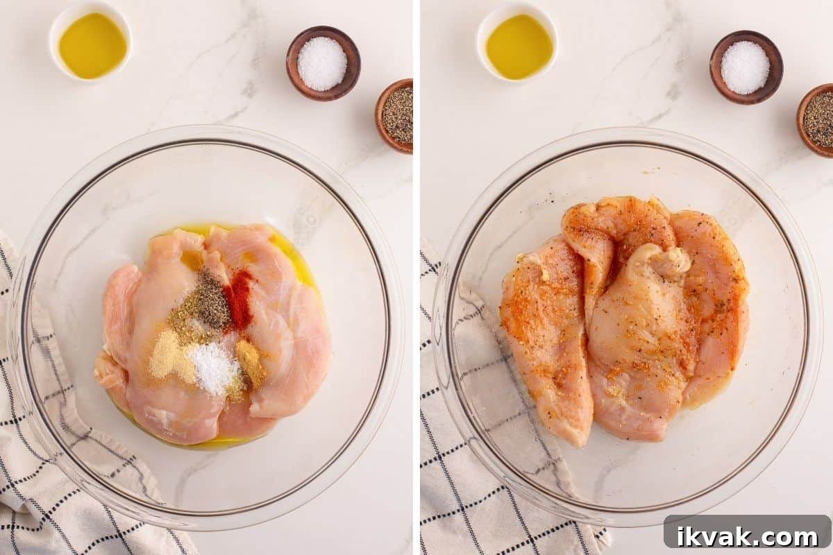 Collage with two images. The left image shows raw chicken breasts in a glass bowl topped with olive oil and spices including paprika, garlic powder, and salt. The right image shows the same chicken coated in the mixed marinade.