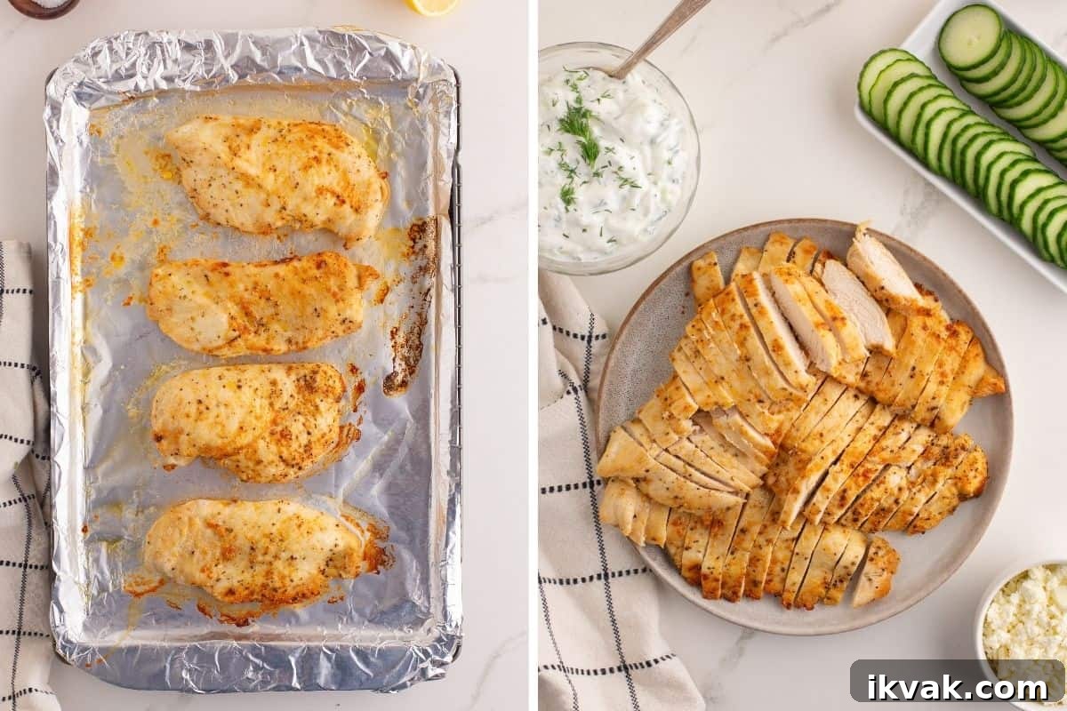 Collage showing baked and sliced seasoned chicken breasts for gyro bowls.