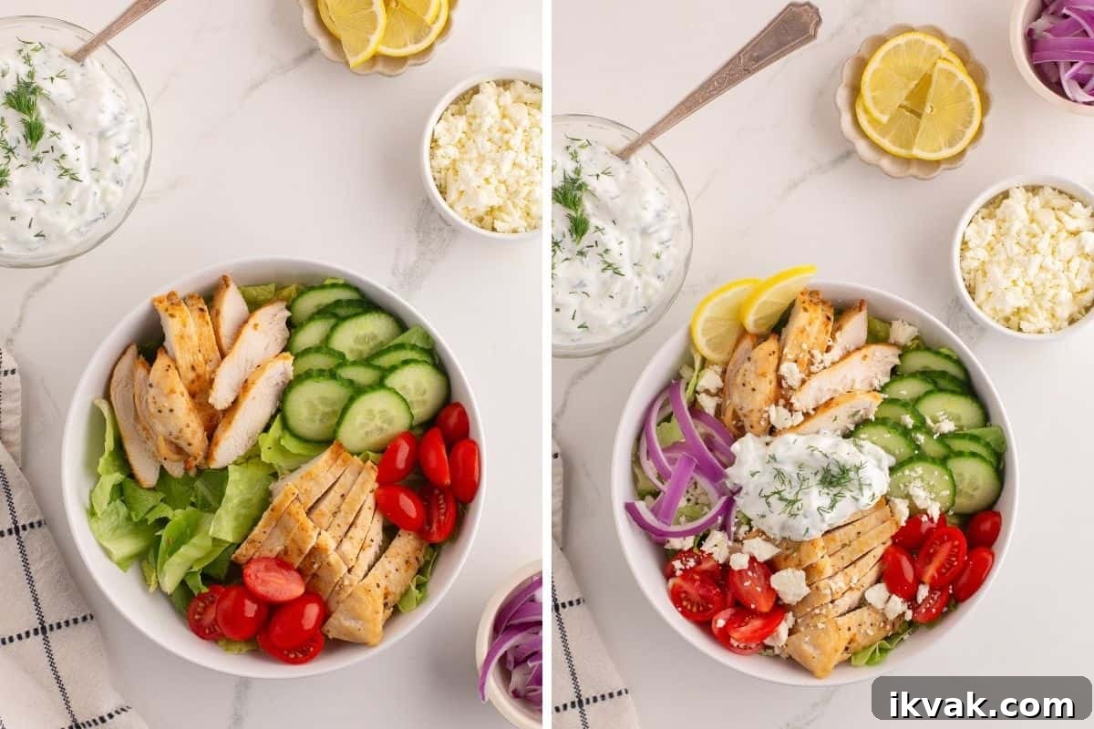 Collage with two images of a Greek chicken salad bowl. The left image shows the base ingredients: romaine lettuce, grilled chicken slices, cucumber slices, and cherry tomatoes. The right image shows the completed bowl with added toppings including red onion, crumbled feta, lemon slices, and a dollop of tzatziki sauce garnished with dill.