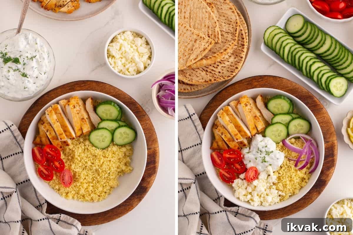 Two side-by-side images of Greek chicken gyro bowls. Both bowls contain sliced grilled chicken, couscous, cherry tomatoes, and cucumber. The right bowl also includes tzatziki sauce, red onion, and feta. Surrounding items include flatbread, sliced cucumbers, tzatziki, red onion, and crumbled feta.