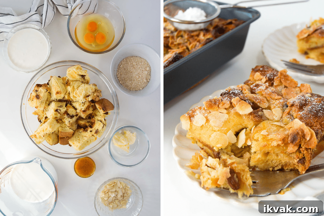Decadent Panettone Bread Pudding Recipe for Holiday Brunch 4 collage of two images showing panettone in a bowl surrounded by other ingredients and a slice of the bread pudding from the side